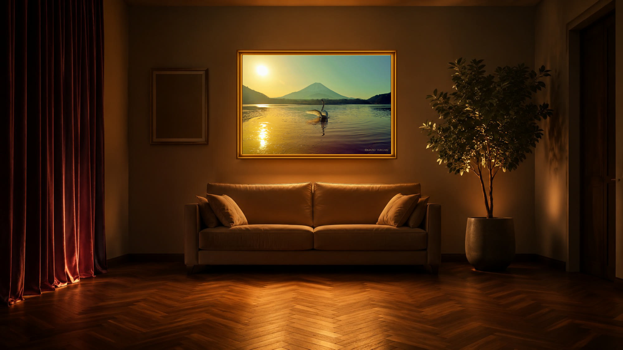 A framed print on a living room wall